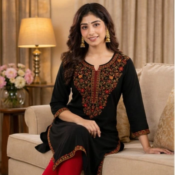 Angels Attic Embroidery Black Kuruta Top